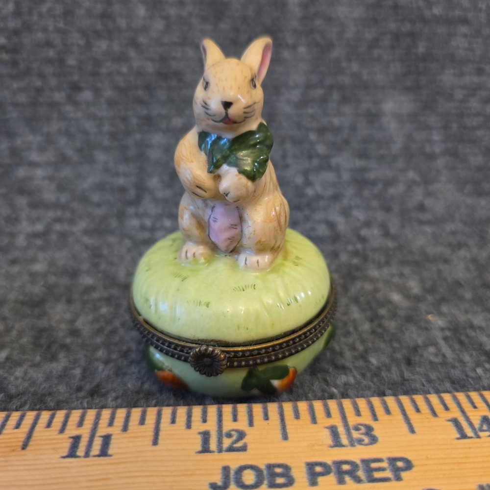 Rabbit Carrot Porcelain Round Trinket Box Small Hinged Metal Lid Figural Decor